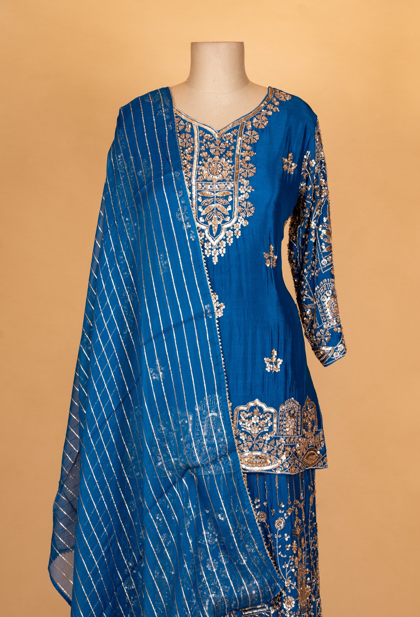 Teal Blue Embroidered Kurta Sharara Set with Dupatta