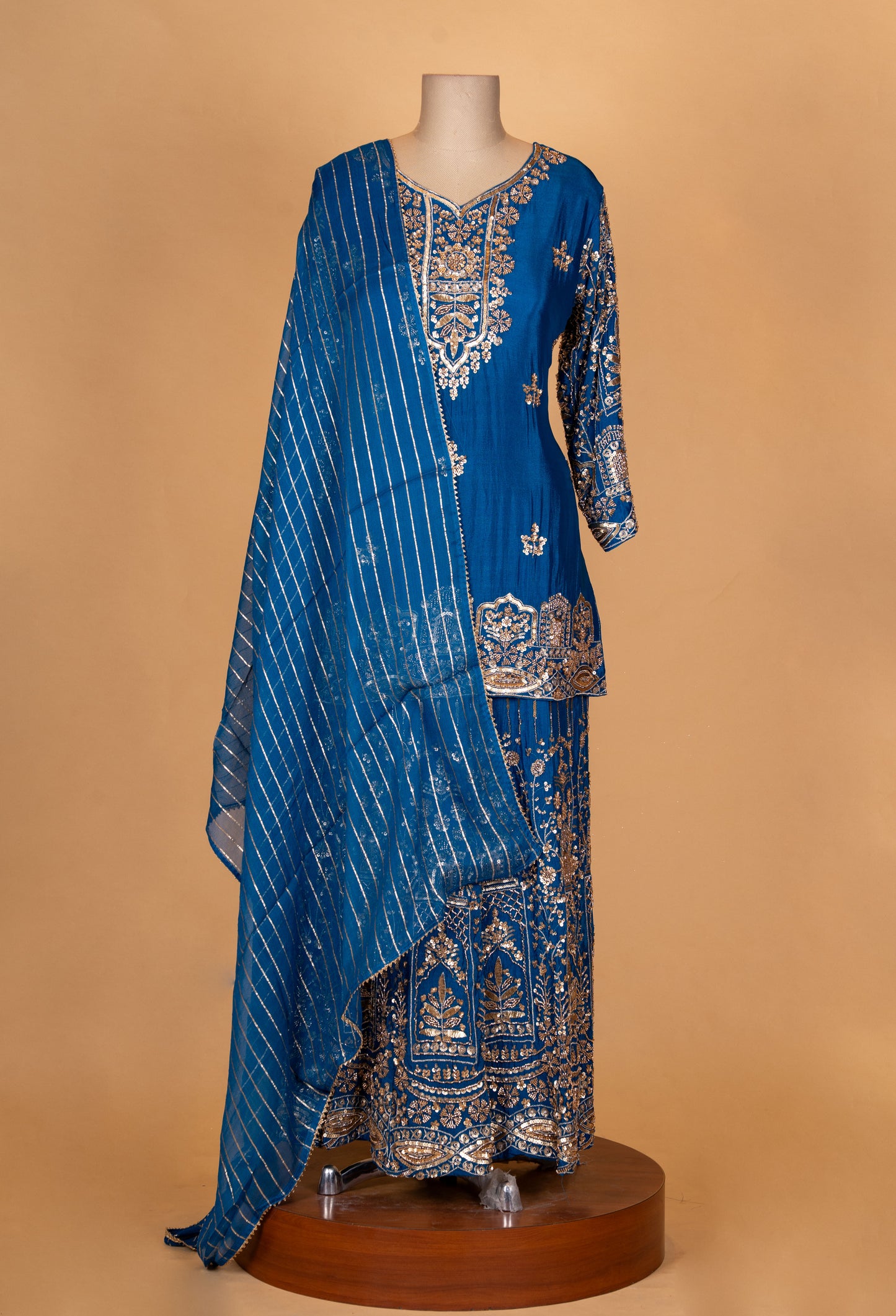 Teal Blue Embroidered Kurta Sharara Set with Dupatta
