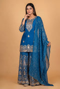 Teal Blue Embroidered Kurta Sharara Set with Dupatta