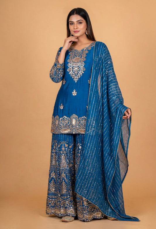 Teal Blue Embroidered Kurta Sharara Set with Dupatta