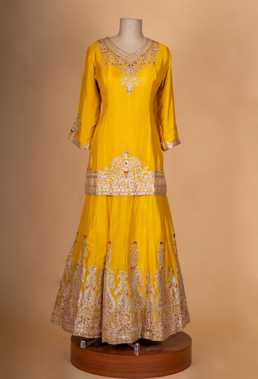 Mustard yellow embroidered kurta sharara set with dupatta – product image 2
