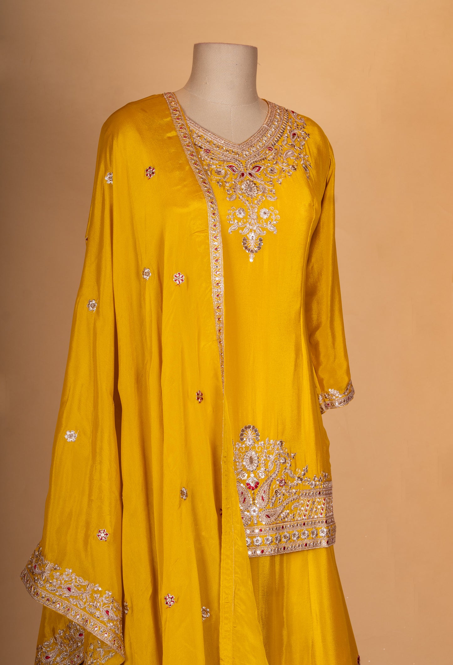 Mustard Yellow Embroidered Kurta Sharara Set with Dupatta