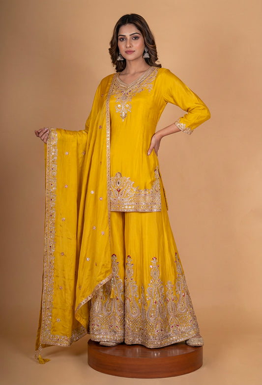 Mustard Yellow Embroidered Kurta Sharara Set with Dupatta