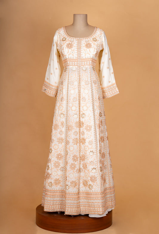 Ivory and beige embroidered Anarkali suit set with net dupatta – product image 2