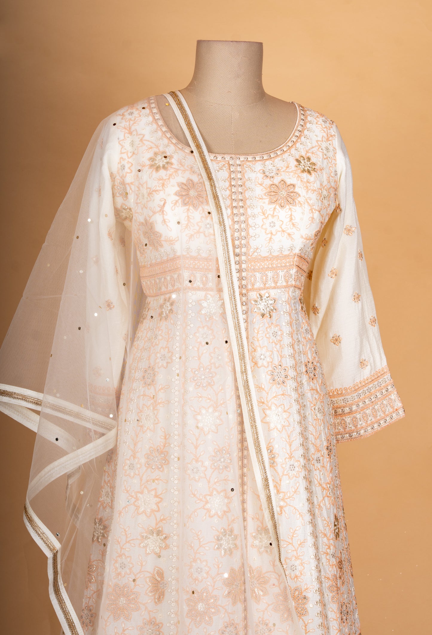 Ivory & Beige Embroidered Anarkali Suit Set with Net Dupatta
