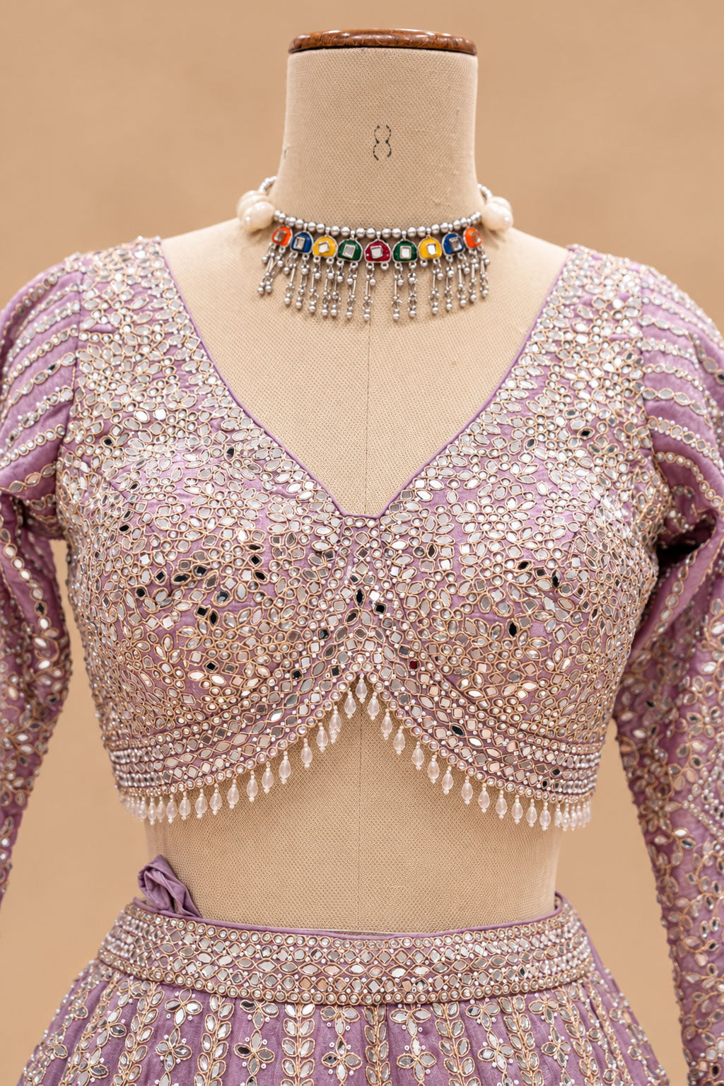 Luxury Lavender Lehenga with Shimmering Sequin Embroidery and Geometric Mirror-Style Work