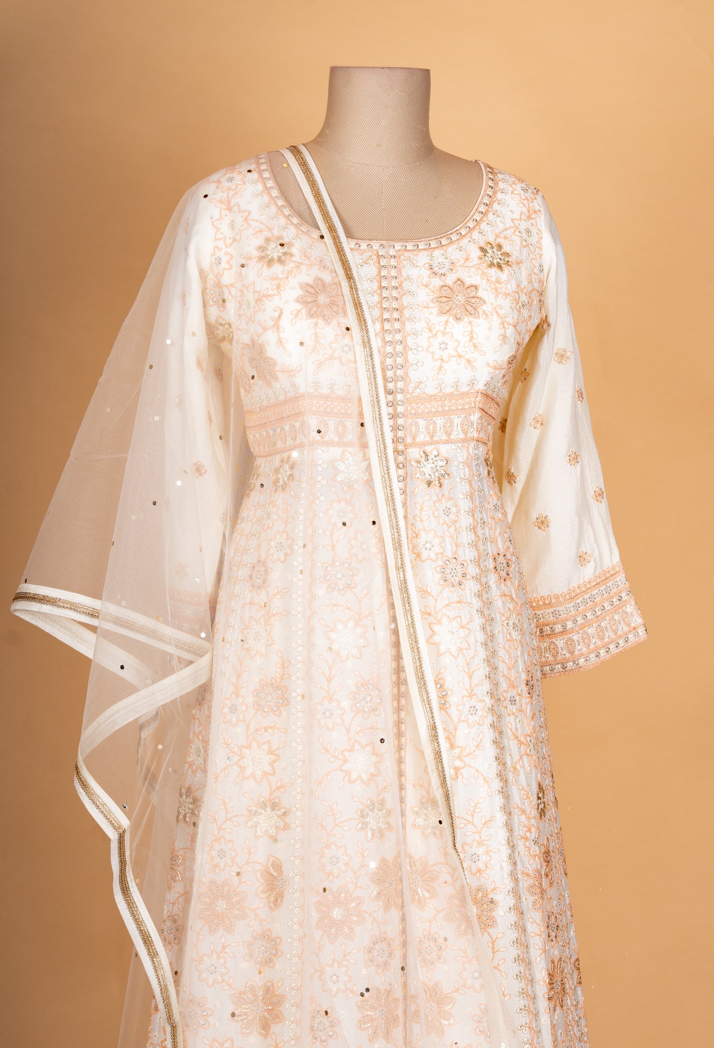 Ivory & Beige Embroidered Anarkali Suit Set with Net Dupatta