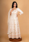 Ivory & Beige Embroidered Anarkali Suit Set with Net Dupatta