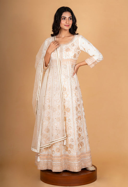 Ivory & Beige Embroidered Anarkali Suit Set with Net Dupatta