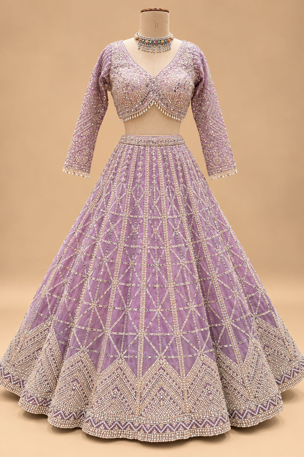 Luxury Lavender Lehenga with Shimmering Sequin Embroidery and Geometric Mirror-Style Work