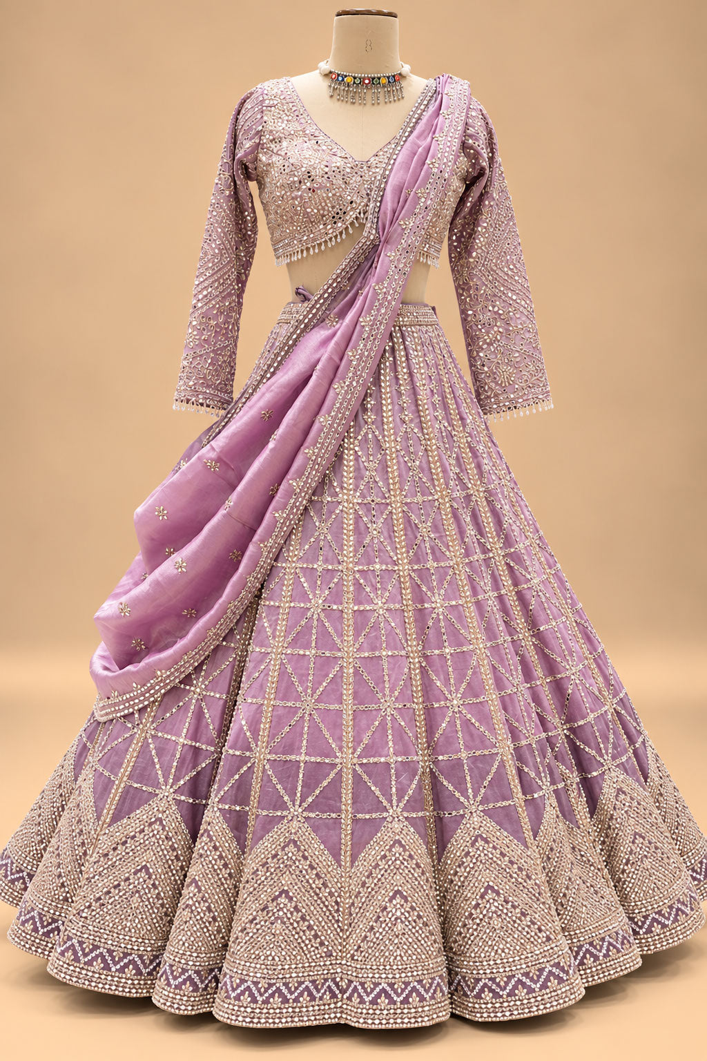 Luxury Lavender Lehenga with Shimmering Sequin Embroidery and Geometric Mirror-Style Work