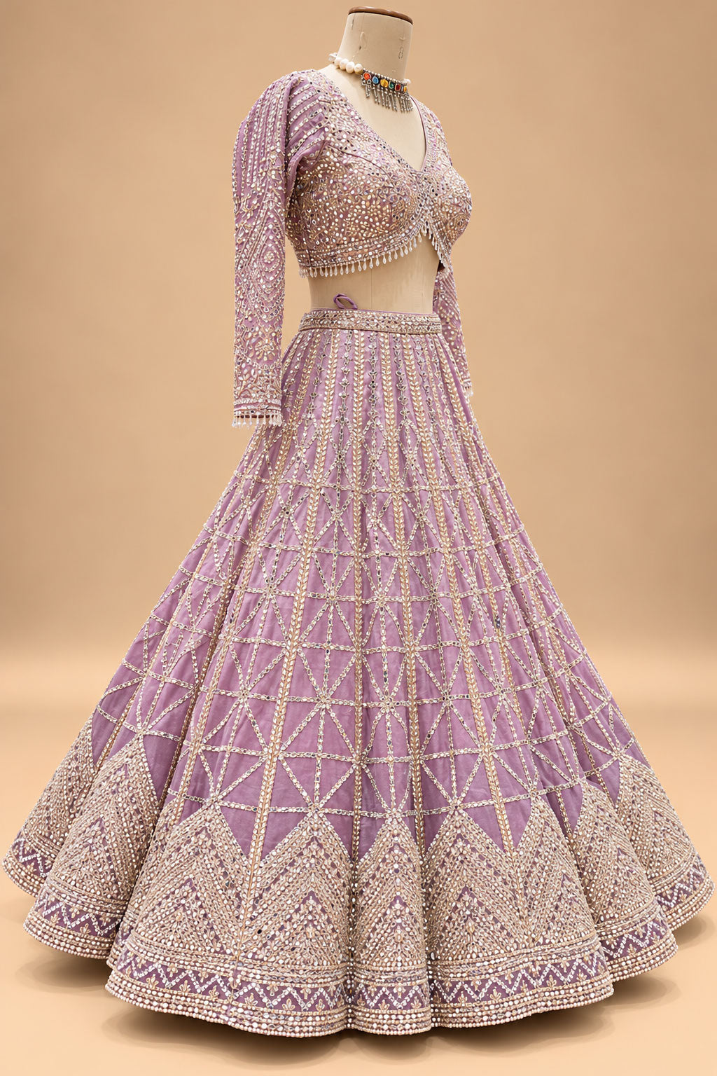 Luxury Lavender Lehenga with Shimmering Sequin Embroidery and Geometric Mirror-Style Work