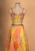 Yellow Floral Printed Lehenga Choli with Cape Dupatta – Designer Haldi & Mehendi Outfit for Women