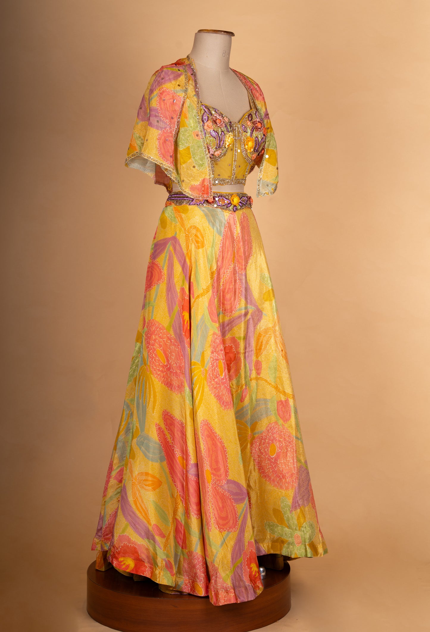 Yellow Floral Printed Lehenga Choli with Cape Dupatta – Designer Haldi & Mehendi Outfit for Women