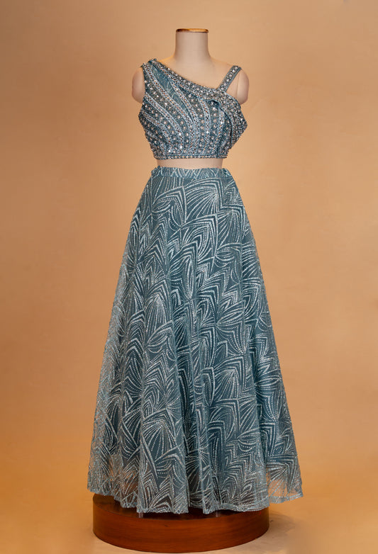 Teal blue sequin embroidered lehenga choli with net dupatta – product image 2