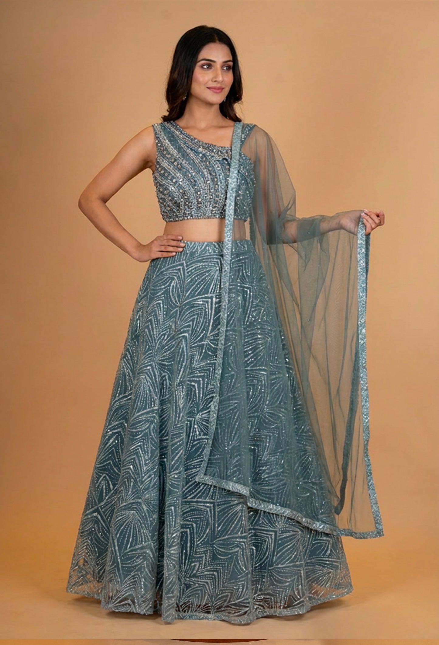 Teal Blue Sequin Embroidered Lehenga Choli with Net Dupatta – Designer Wedding & Party Wear Lehenga for Women
