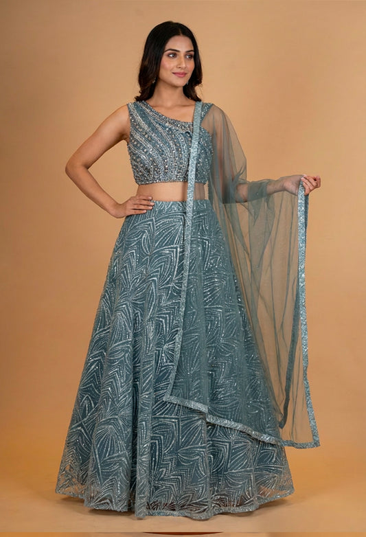 Teal Blue Sequin Embroidered Lehenga Choli with Net Dupatta – Designer Wedding & Party Wear Lehenga for Women