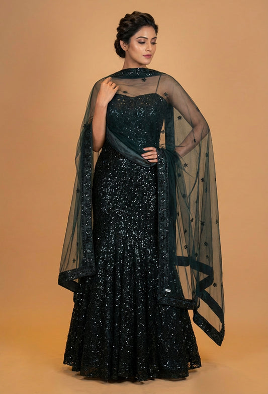 Black Sequin Evening Gown with Sheer Net Cape Dupatta – Elegant Party Wear Dress for Women