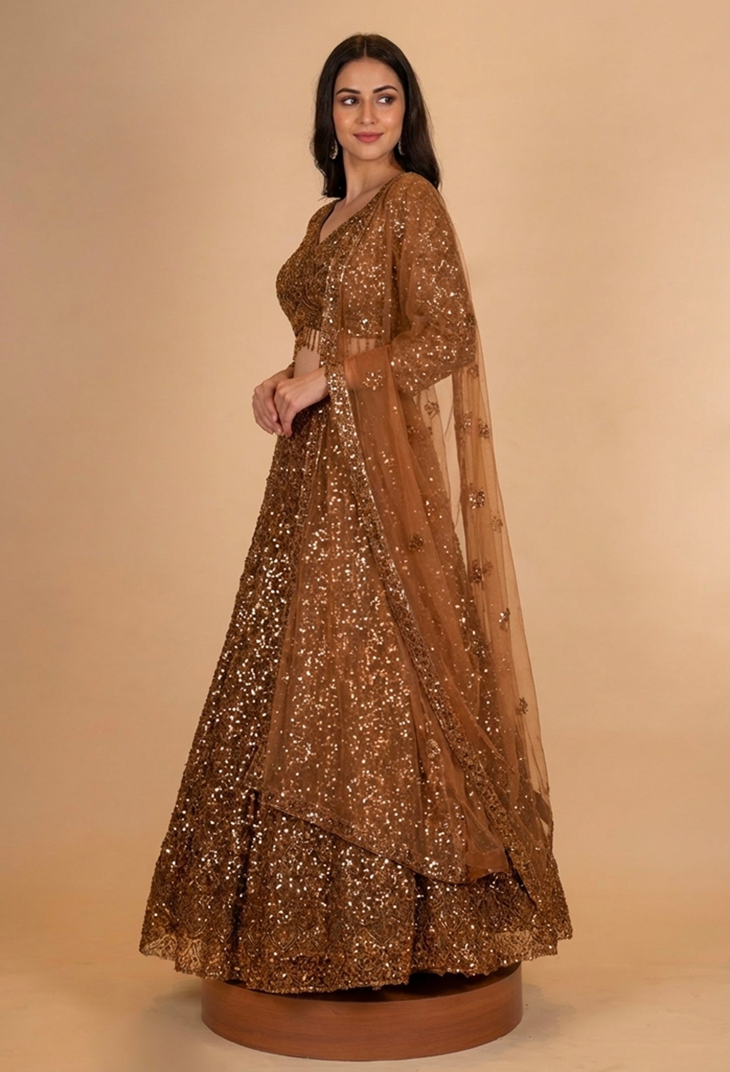 Brown Sequin Embroidered Lehenga Choli with Net Dupatta – Designer Wedding & Party Wear Lehenga for Women