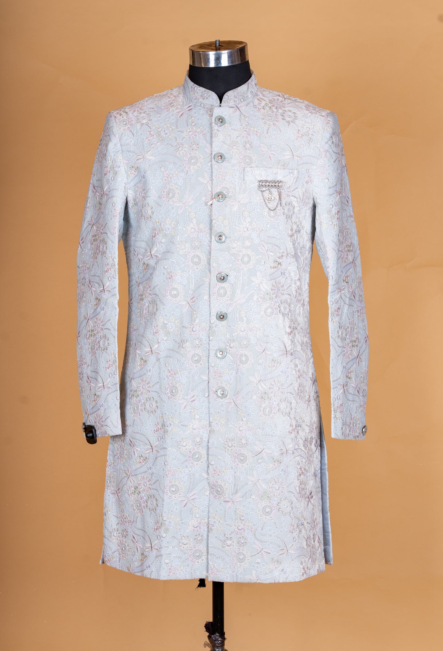 Pastel Grey Embroidered Sherwani Set for Men – Designer Wedding & Reception Sherwani