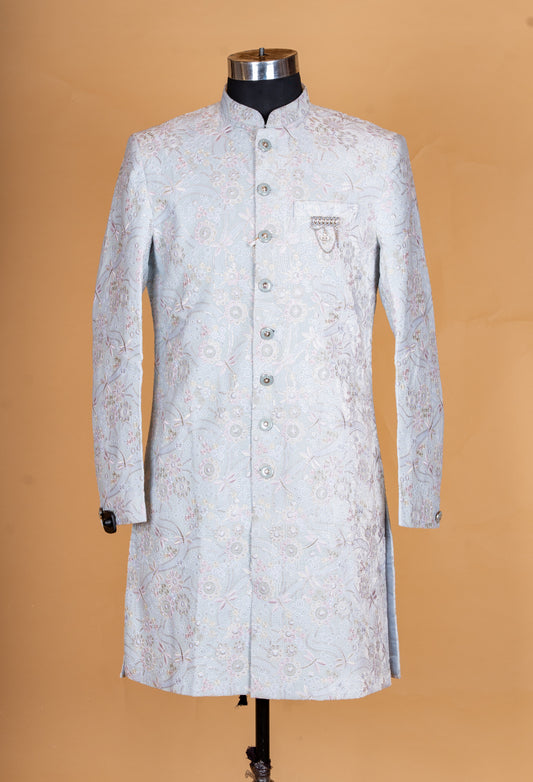 Pastel grey embroidered sherwani set for men – product image 2