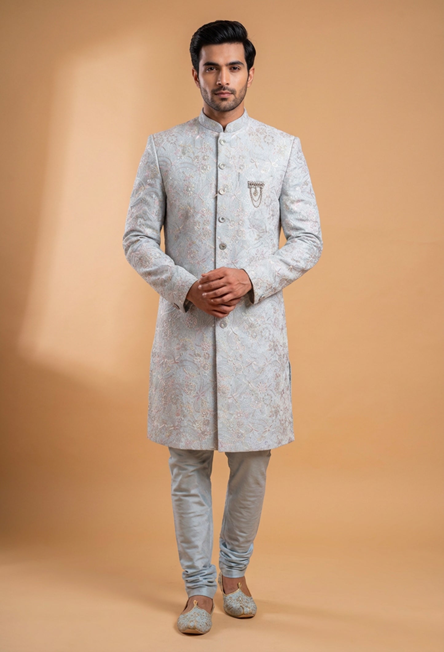 Pastel Grey Embroidered Sherwani Set for Men – Designer Wedding & Reception Sherwani