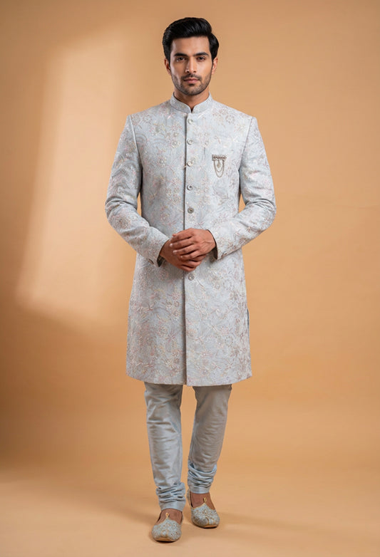 Pastel Grey Embroidered Sherwani Set for Men – Designer Wedding & Reception Sherwani