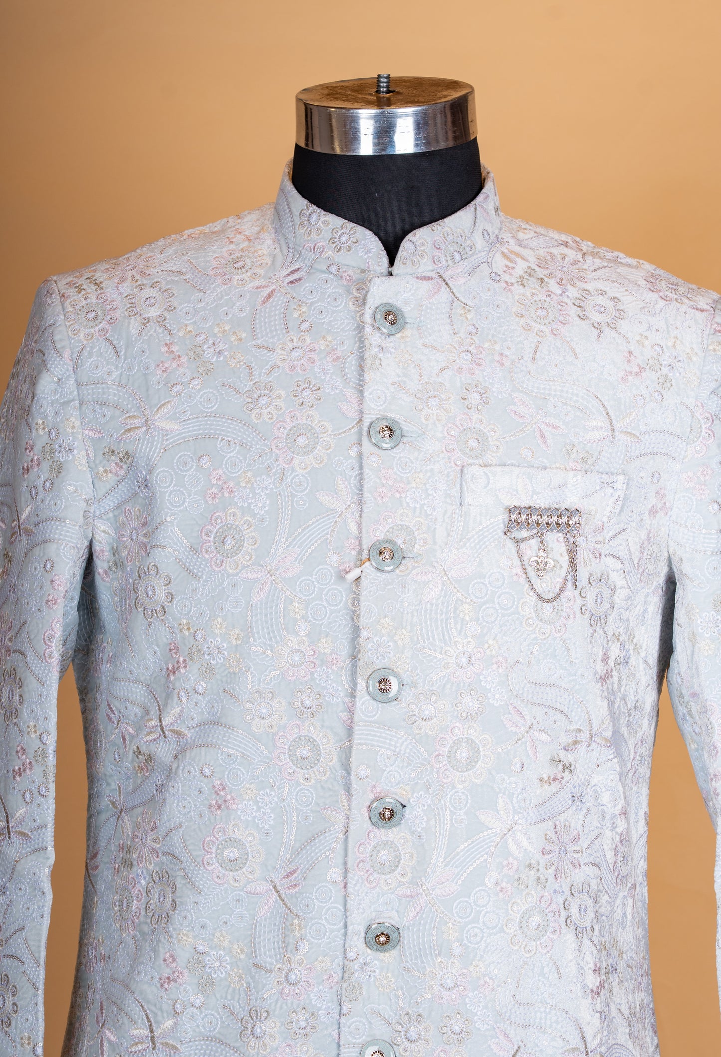 Pastel Grey Embroidered Sherwani Set for Men – Designer Wedding & Reception Sherwani