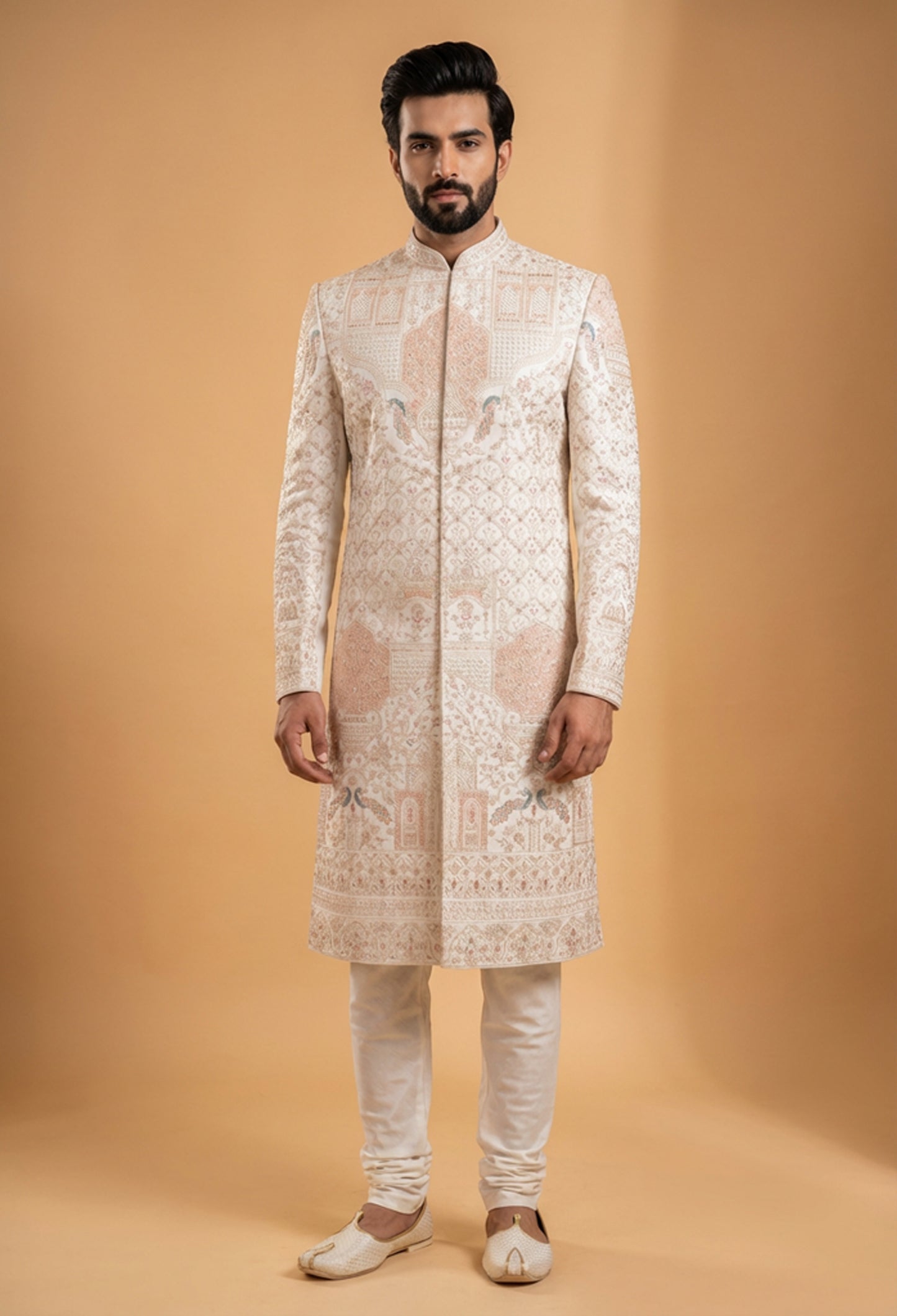 Cream Embroidered Sherwani Set for Men – Designer Groom Wedding & Reception Sherwani