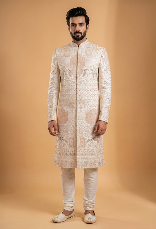 Cream Embroidered Sherwani Set for Men – Designer Groom Wedding & Reception Sherwani