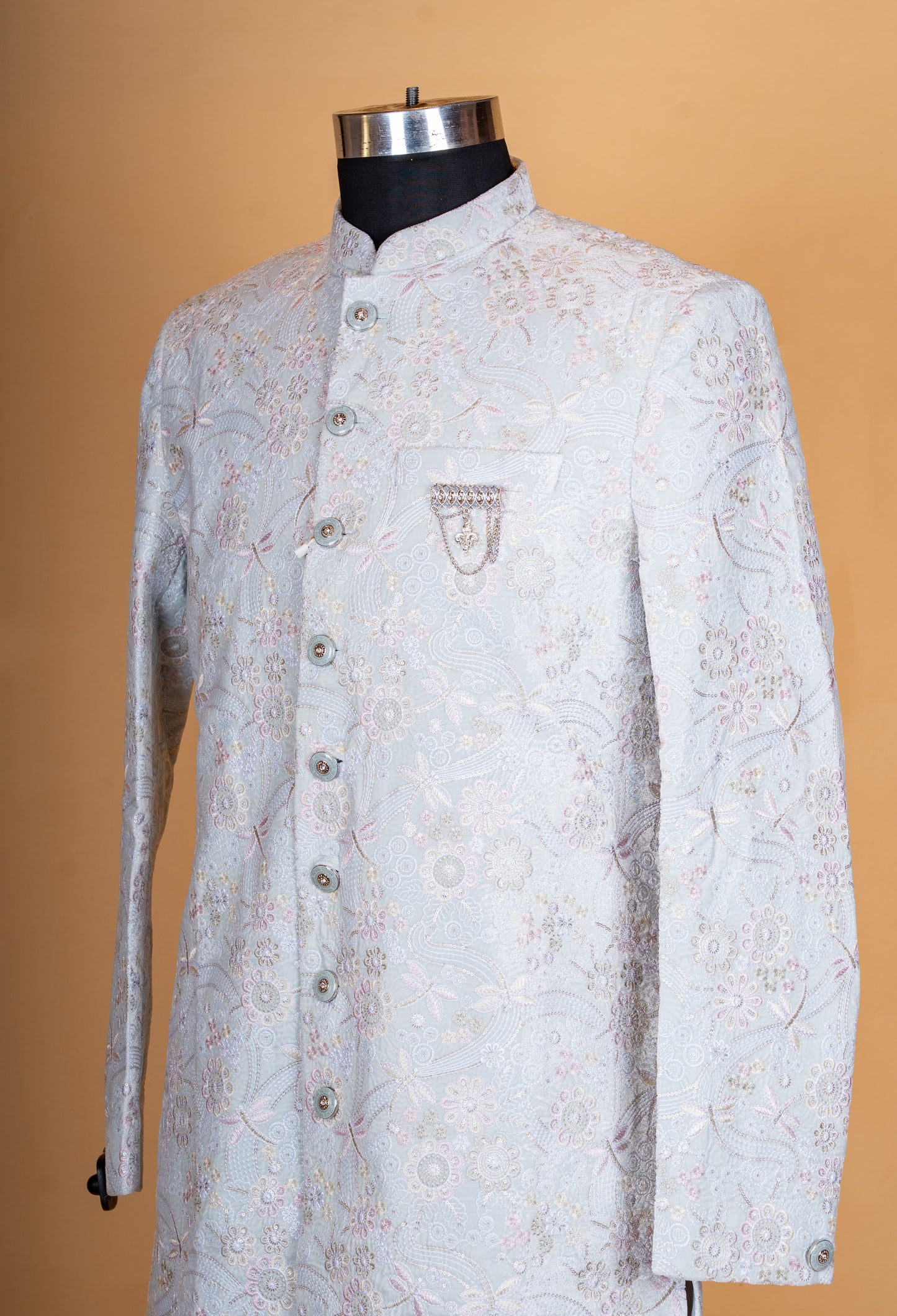 Pastel Grey Embroidered Sherwani Set for Men – Designer Wedding & Reception Sherwani