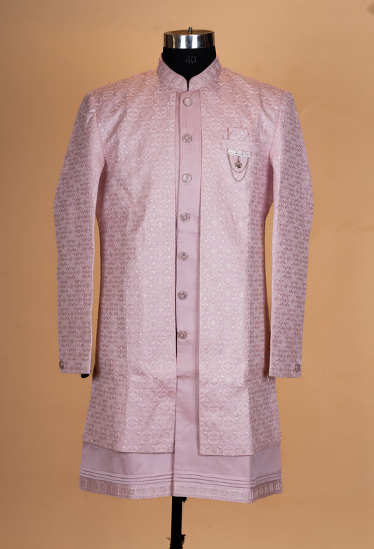Pastel Pink Embroidered Sherwani Set for Men | Designer Wedding & Reception Sherwani - view 2