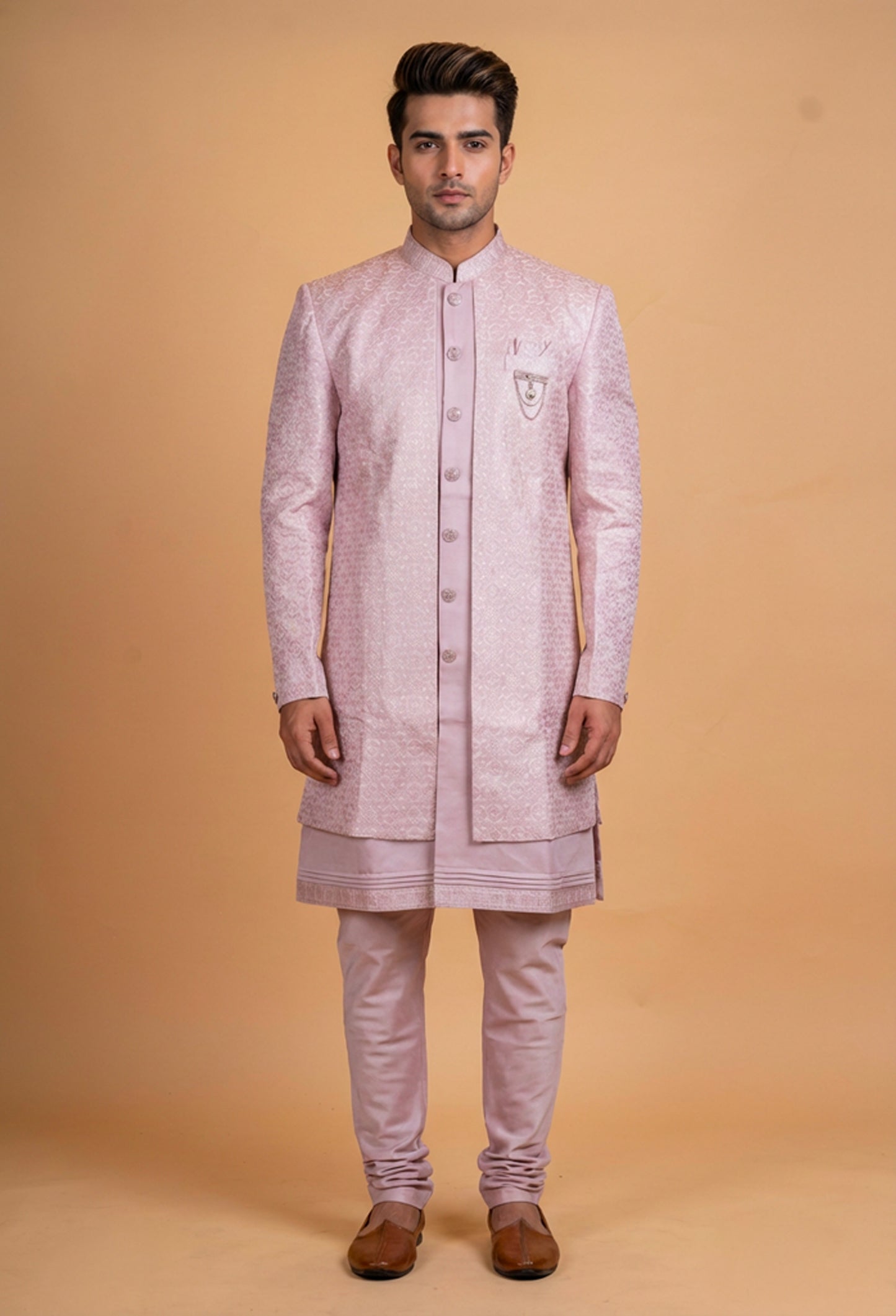 "Pastel Pink Embroidered Sherwani Set for Men – Designer Wedding & Reception Sherwani Meta Description"