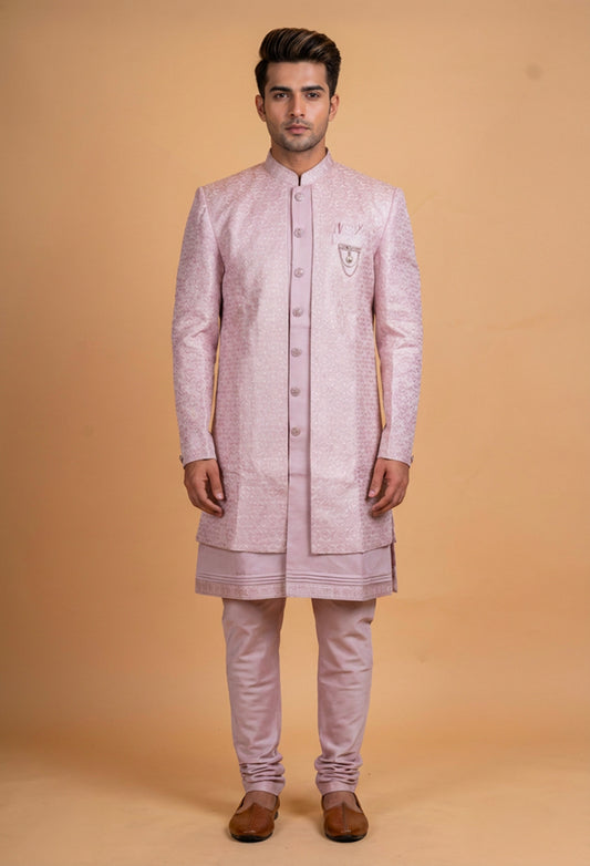 "Pastel Pink Embroidered Sherwani Set for Men – Designer Wedding & Reception Sherwani Meta Description"