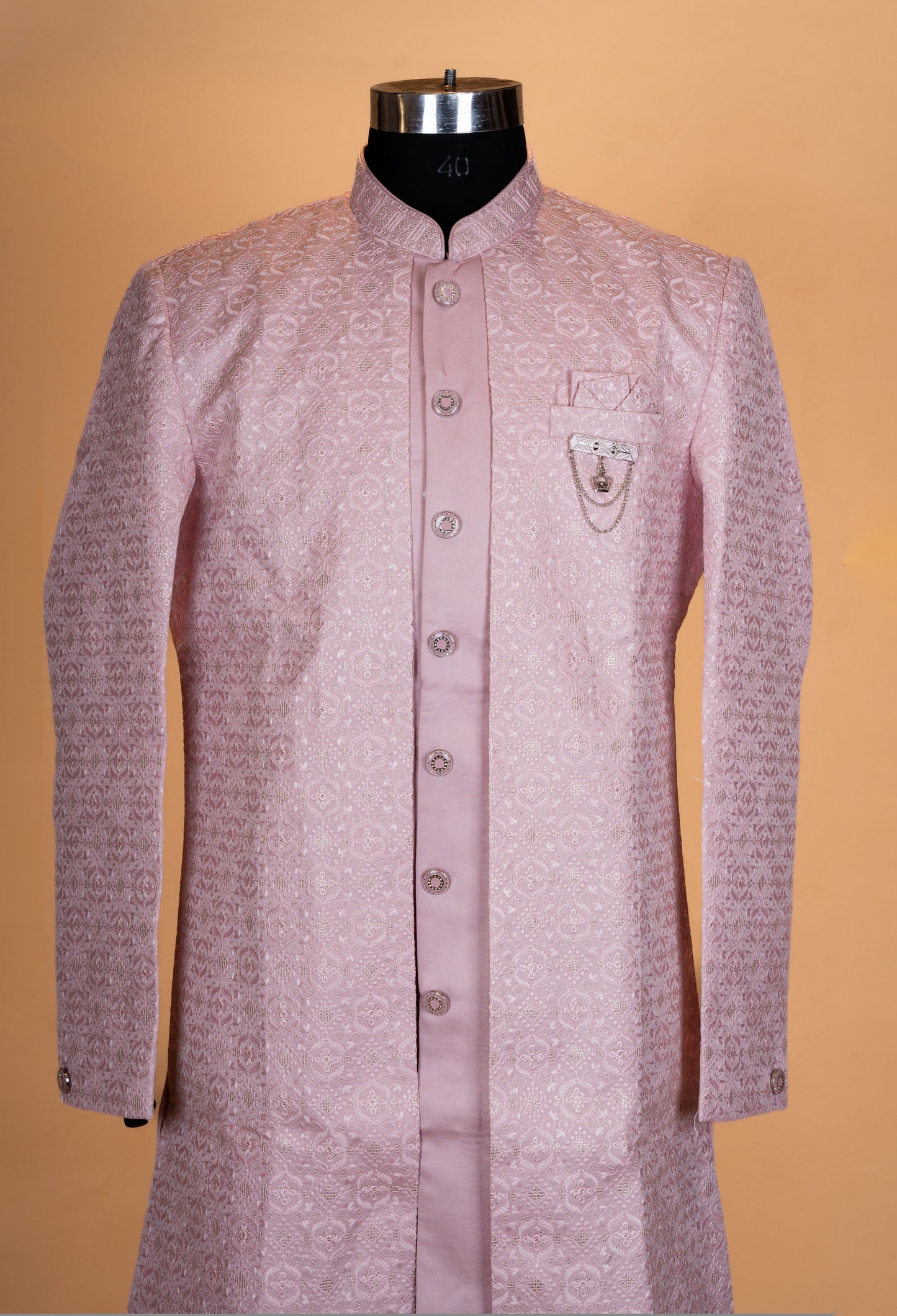 "Pastel Pink Embroidered Sherwani Set for Men – Designer Wedding & Reception Sherwani Meta Description"