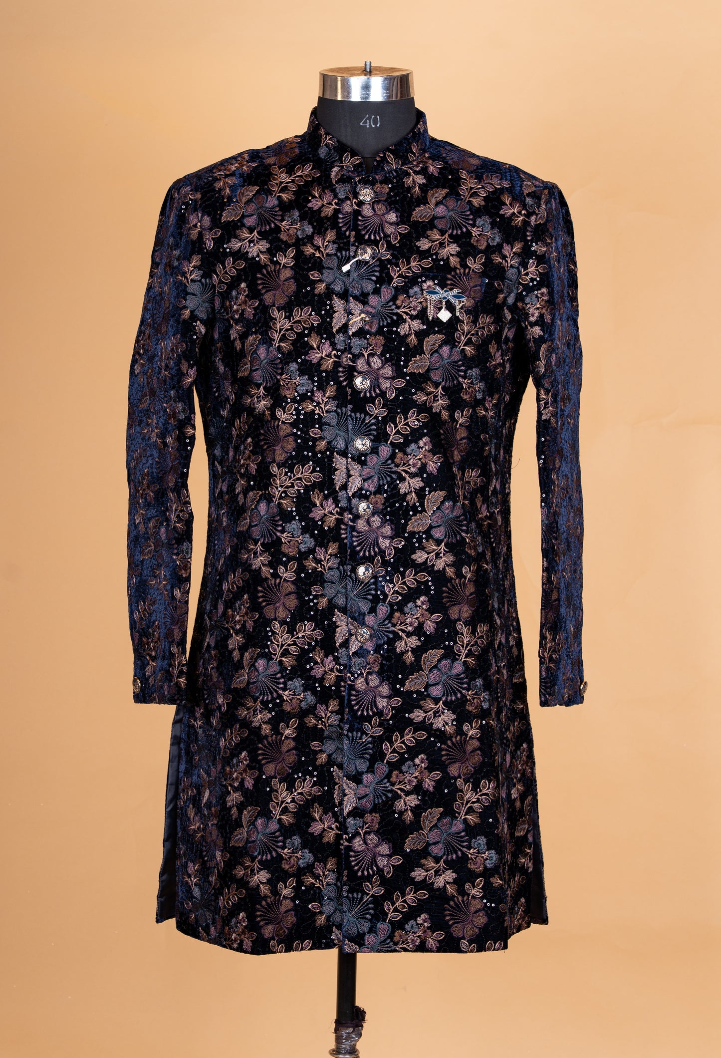 Navy Blue Floral Embroidered Sherwani Set for Men – Designer Wedding & Reception Sherwani