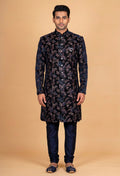 Navy Blue Floral Embroidered Sherwani Set for Men – Designer Wedding & Reception Sherwani