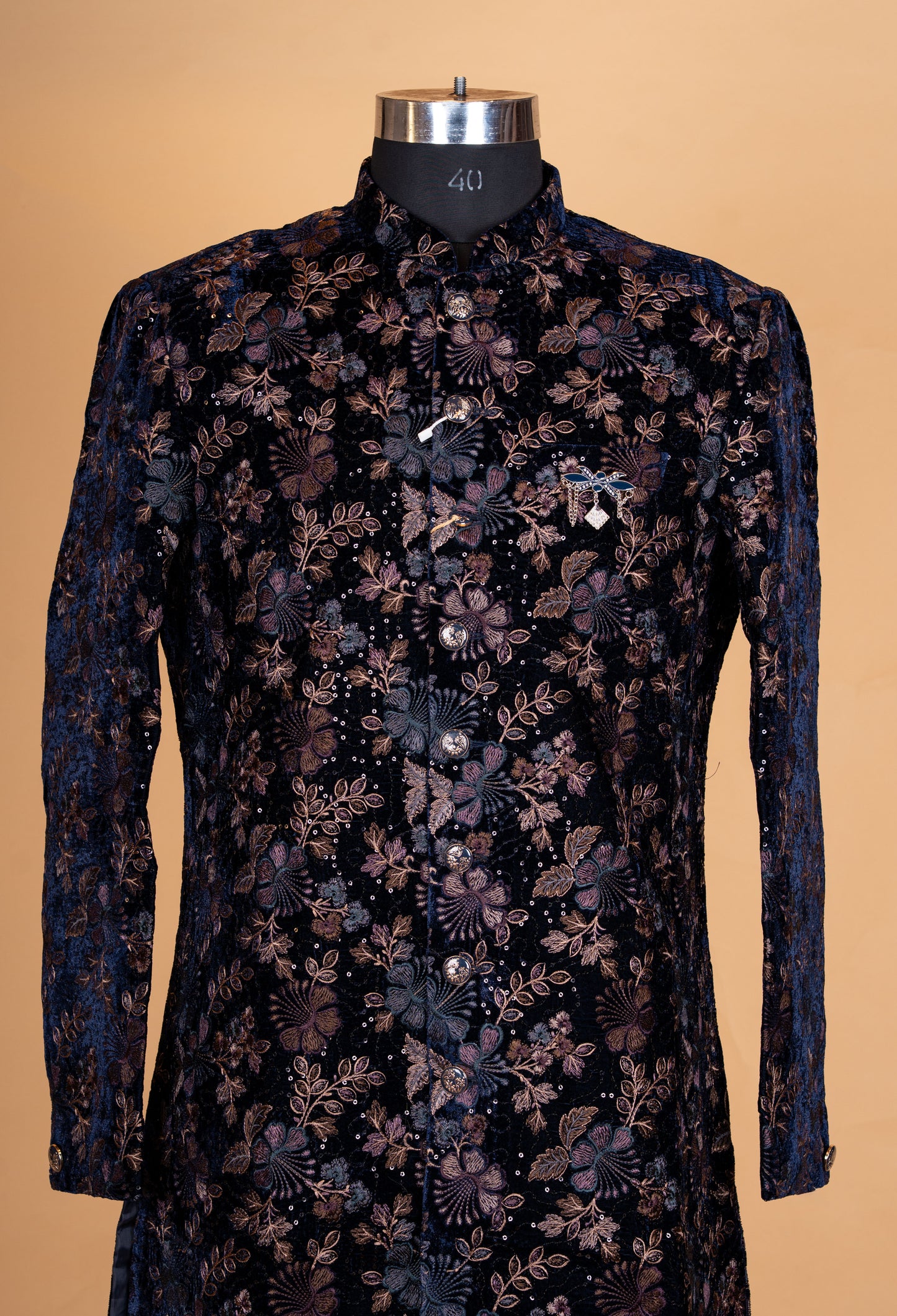 Navy Blue Floral Embroidered Sherwani Set for Men – Designer Wedding & Reception Sherwani