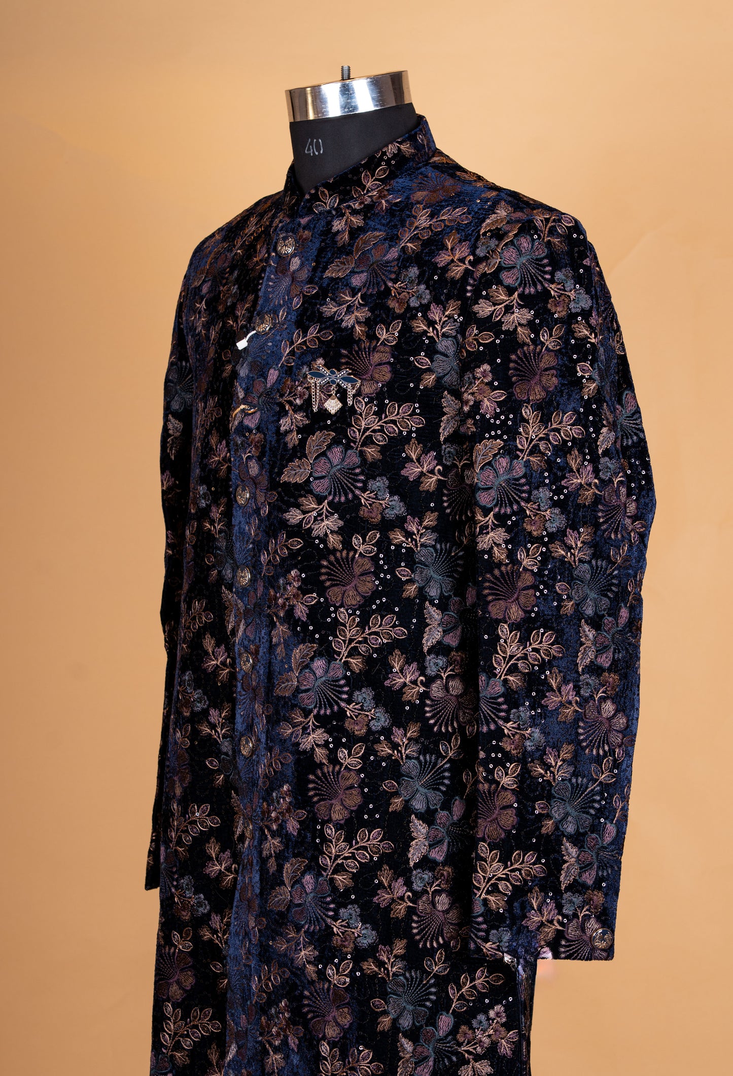 Navy Blue Floral Embroidered Sherwani Set for Men – Designer Wedding & Reception Sherwani
