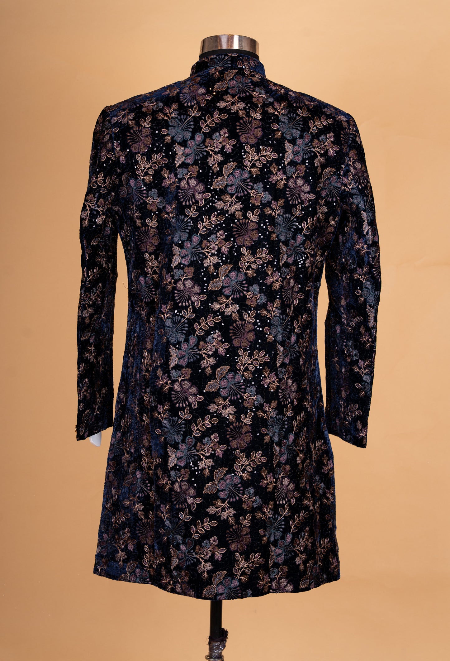 Navy Blue Floral Embroidered Sherwani Set for Men – Designer Wedding & Reception Sherwani
