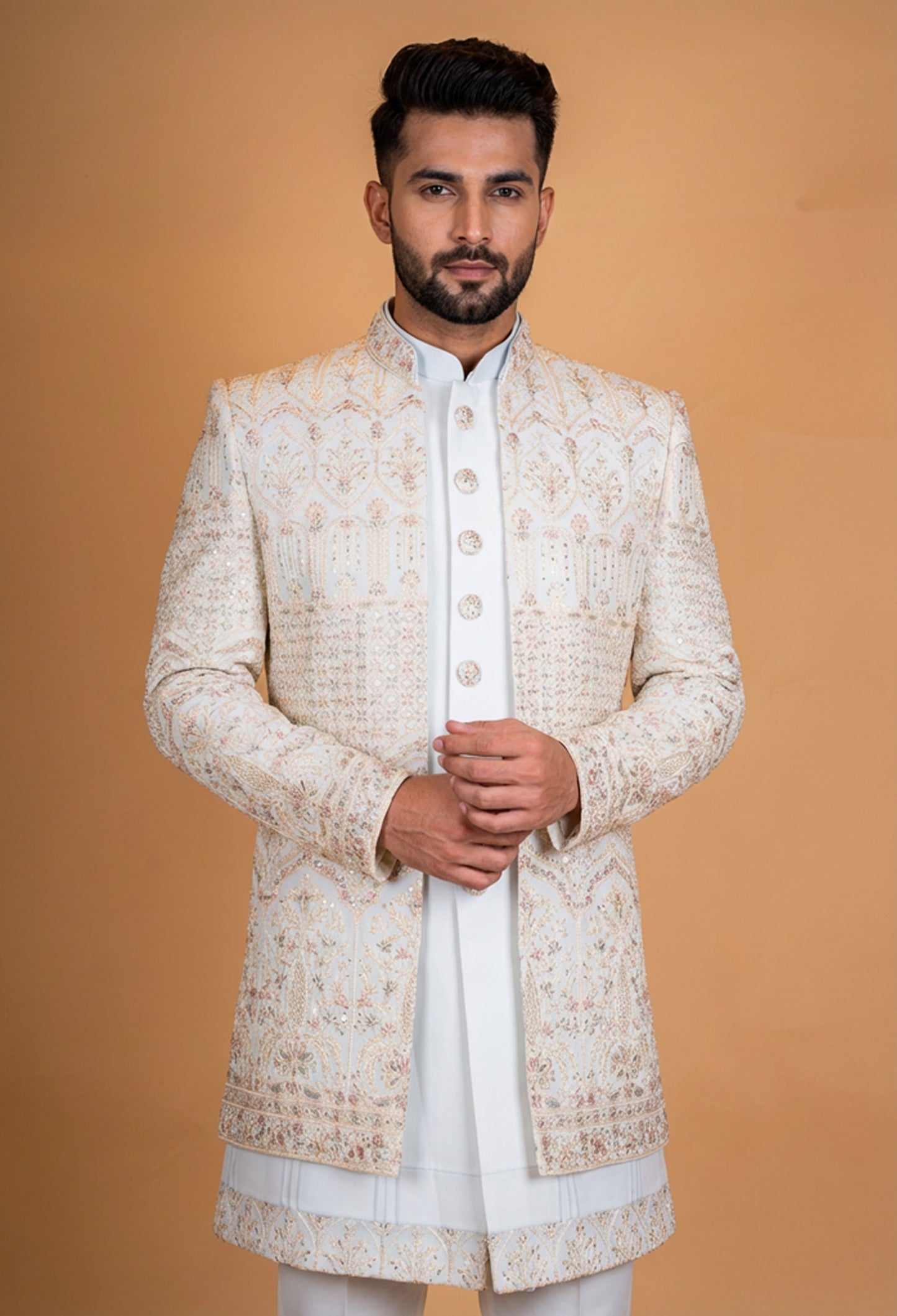 Ivory Embroidered Sherwani Set for Men – Designer Groom Wedding & Reception Sherwani