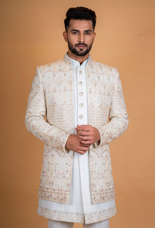 Ivory Embroidered Sherwani Set for Men – Designer Groom Wedding & Reception Sherwani