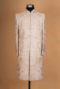 Beige Embroidered Sherwani Set with Stole for Men – Designer Groom Wedding Sherwani