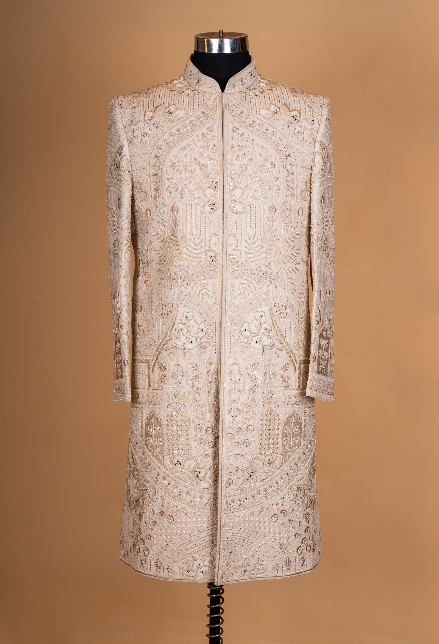 Beige Embroidered Sherwani Set with Stole for Men – Designer Groom Wedding Sherwani