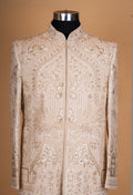Beige Embroidered Sherwani Set with Stole for Men – Designer Groom Wedding Sherwani