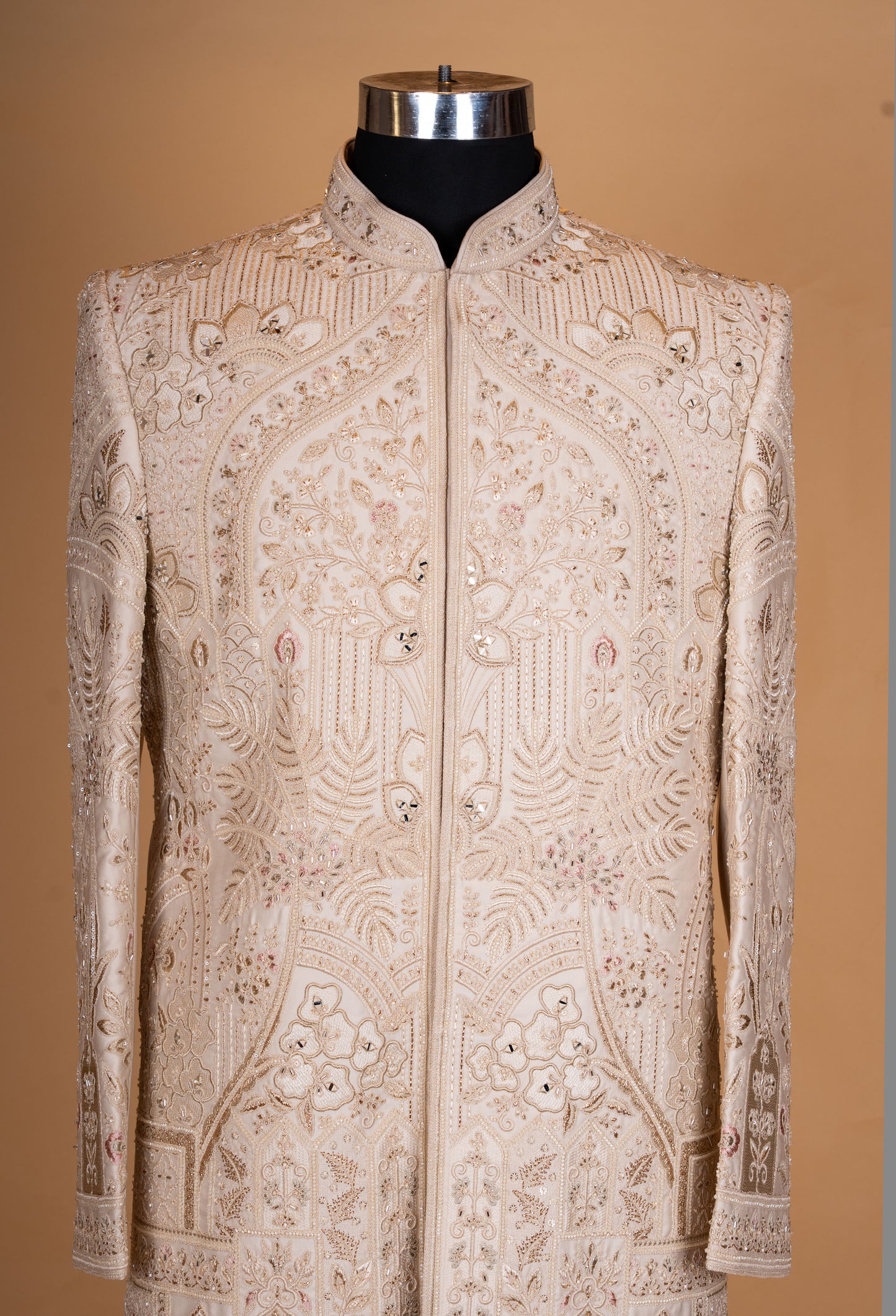 Beige Embroidered Sherwani Set with Stole for Men – Designer Groom Wedding Sherwani