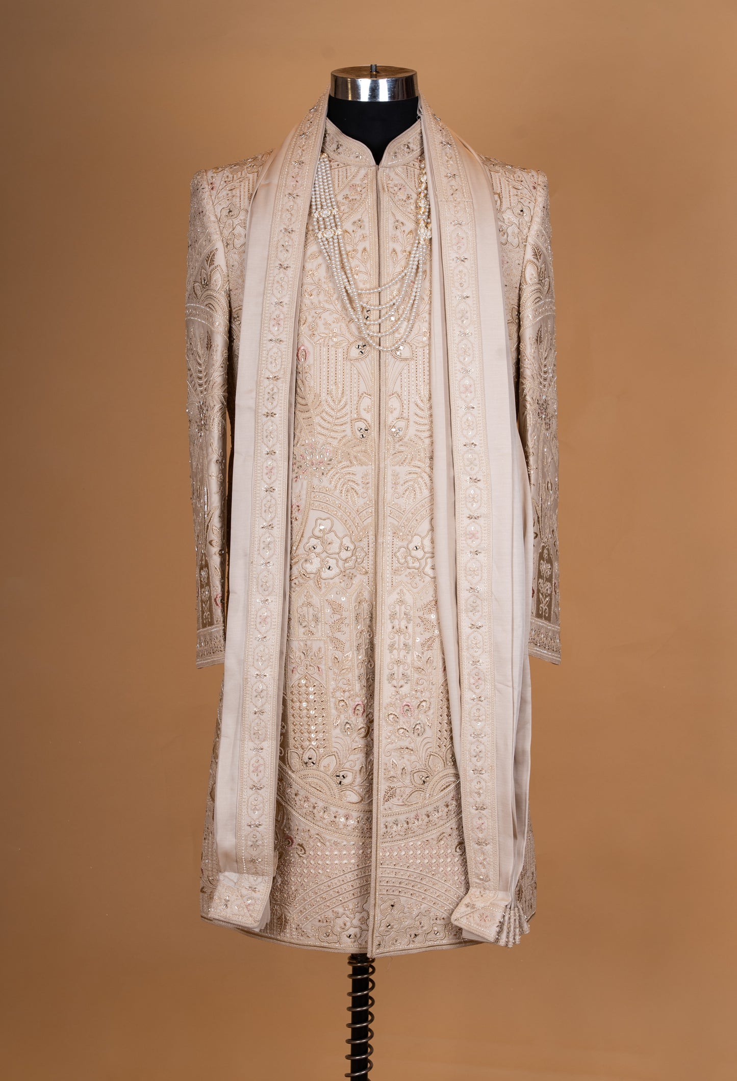 Beige Embroidered Sherwani Set with Stole for Men – Designer Groom Wedding Sherwani