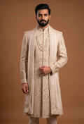 Beige Embroidered Sherwani Set with Stole for Men – Designer Groom Wedding Sherwani