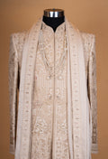 Beige Embroidered Sherwani Set with Stole for Men – Designer Groom Wedding Sherwani