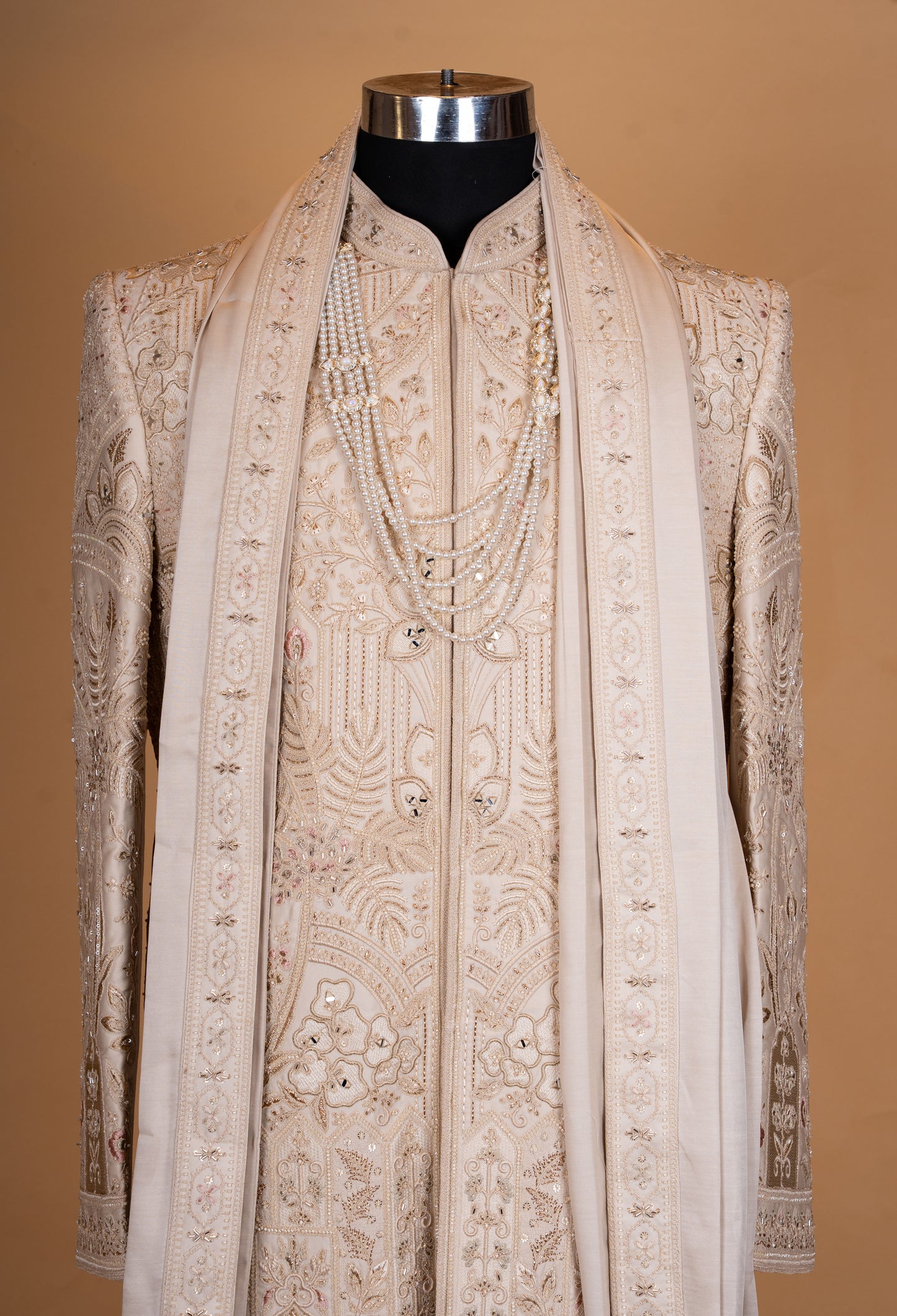 Beige Embroidered Sherwani Set with Stole for Men – Designer Groom Wedding Sherwani